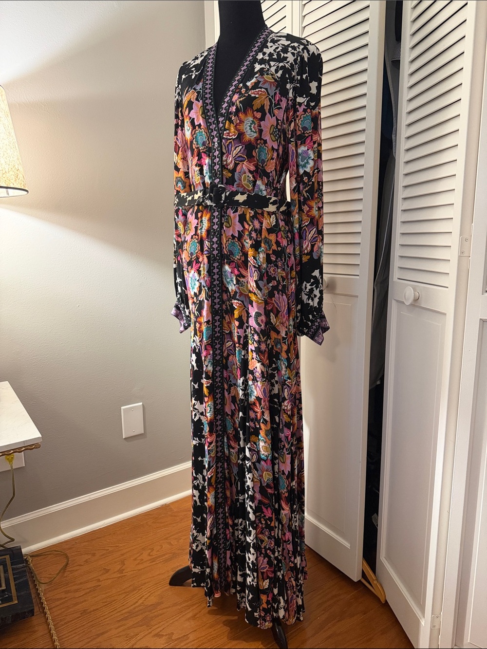 Hale Bob Black Maxi Dress with Pink, Orange and Teal Floral Print